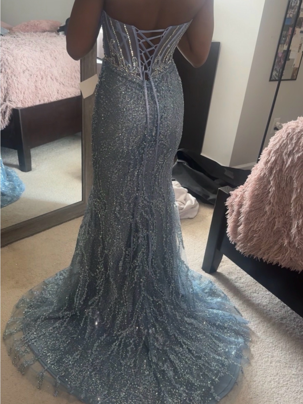 Silver-Blue Sequin Lace-Up Mermaid Gown